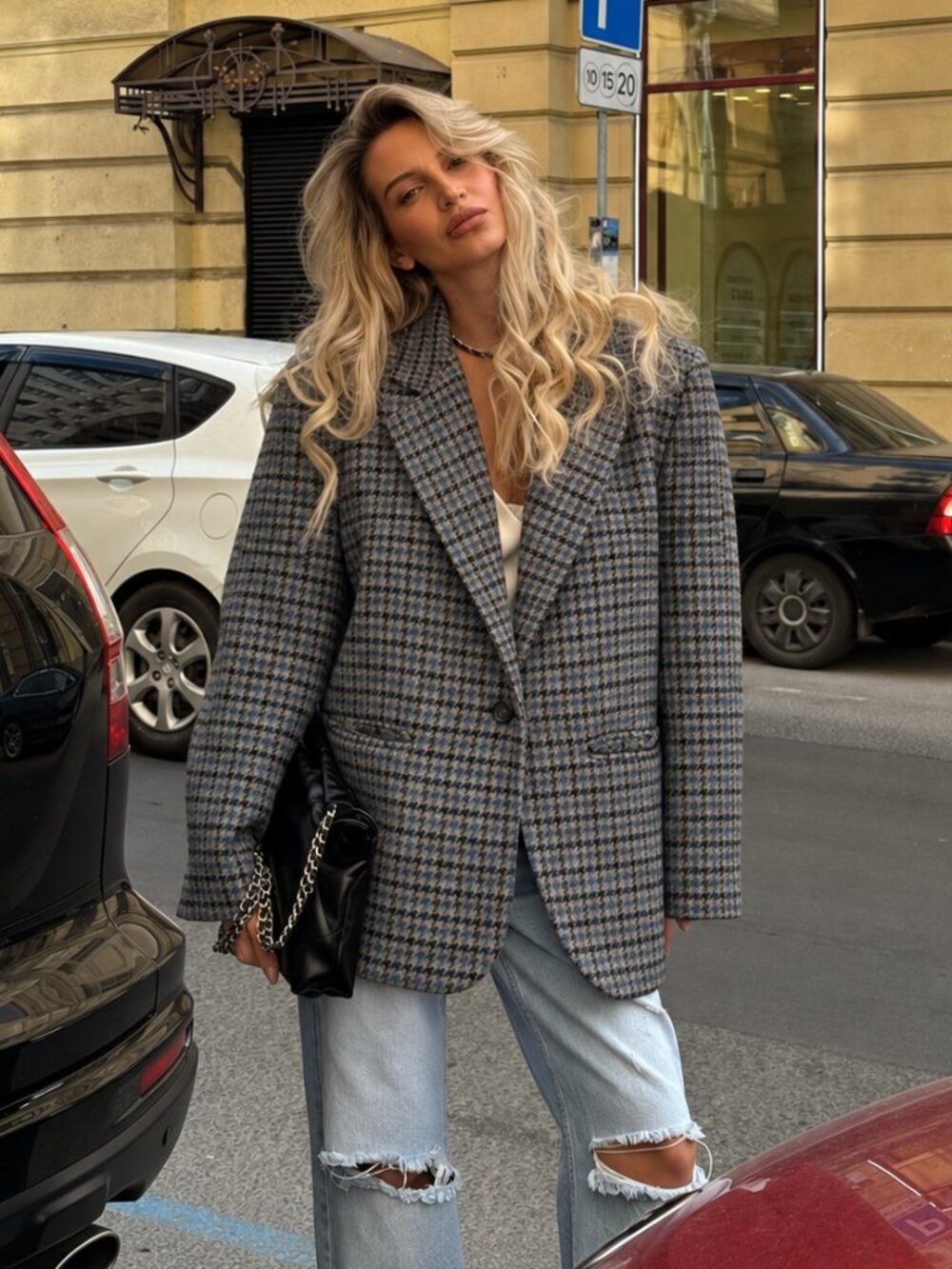 Romanian Houndstooth Oversized Blazer Blue Brown Boxy (c1)